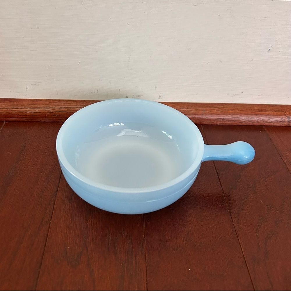 Vintage Glasbake J 2057 14 Blue Soup/bake bowl with handle milk glass made USA